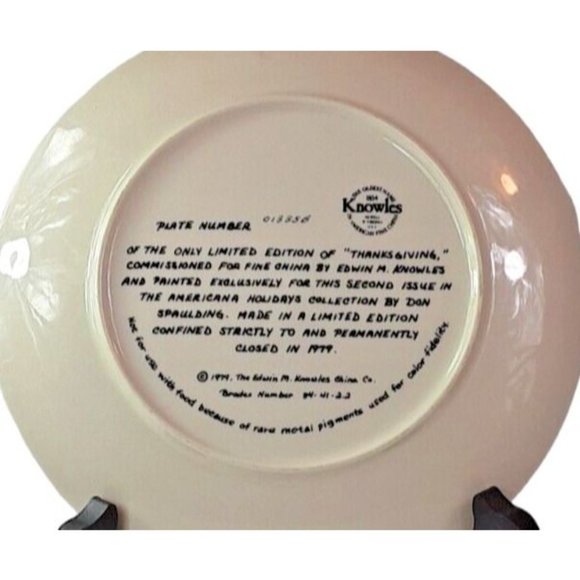 Vintage 1979 Knowles China Plate by Don Spaulding "Thanksgiving" Plate #01335B - Picture 3 of 3